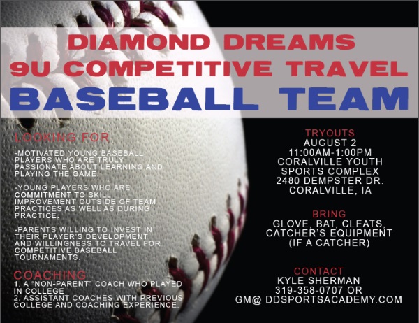 diamond dreams sports academy iowa city iowa baseball tryout flyer